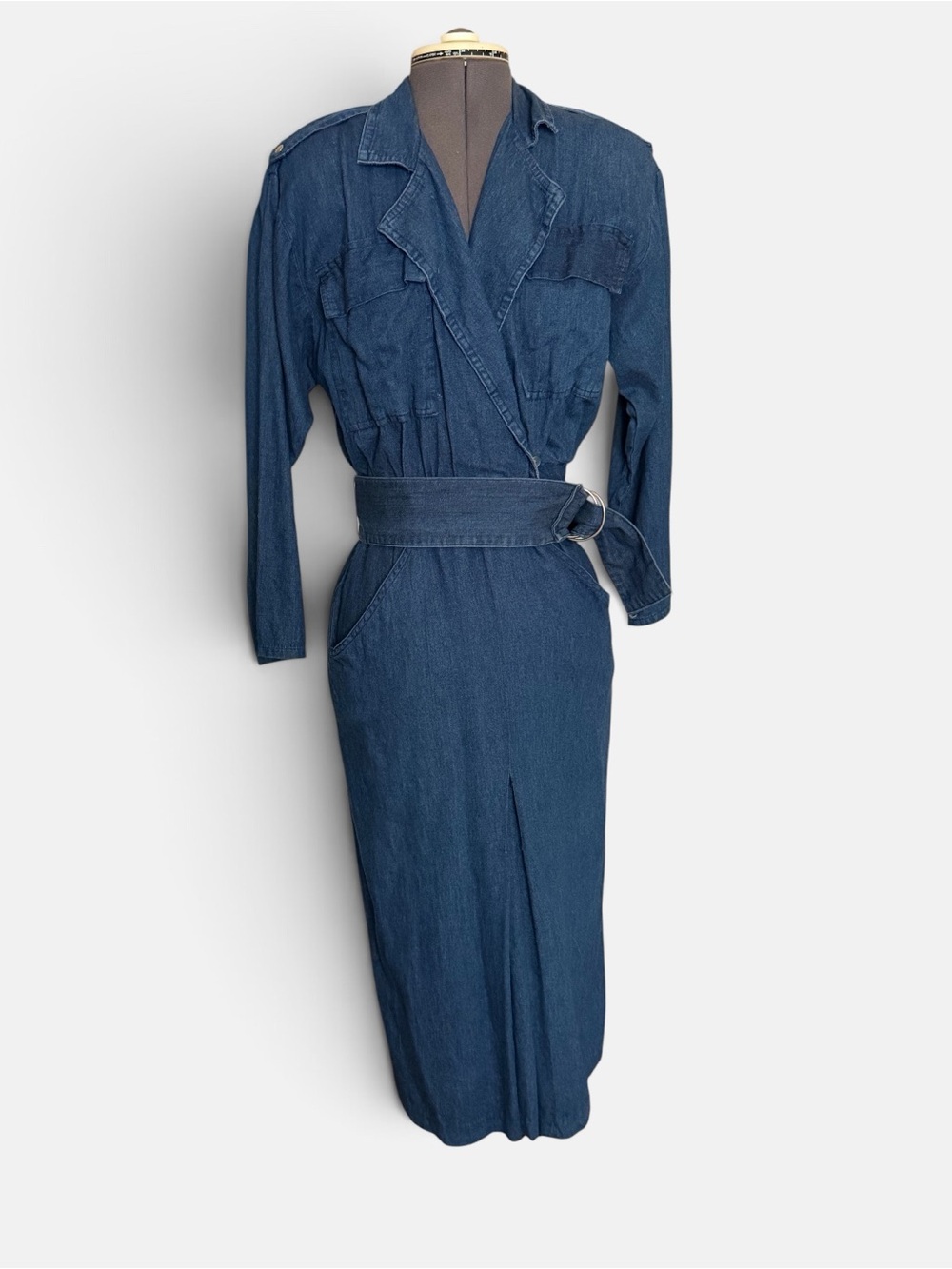 Vintage 80s maximalist bombshell Denim Midi Dress shoulder pads Blue size 5/6